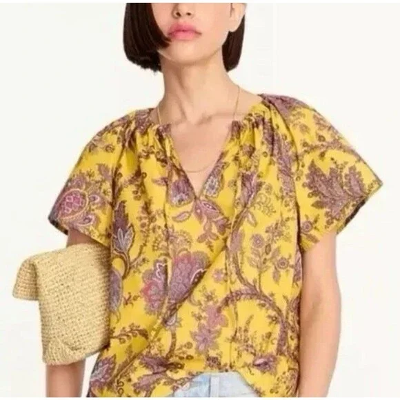 J. Crew Collection Tie-Neck Cotton Poplin Top in Ratti Golden Paisley XL - Picture 1 of 13